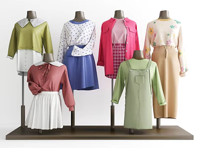 Colorful Women's Clothes Collection With Collared Blouses Skirts Dresses And Coats On Mannequins 3d model