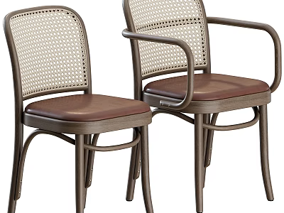 Classic Design Stools With Wicker Backrest Brown Leather Seat And Metal Frame 3d model