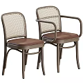 Classic Design Stools With Wicker Backrest Brown Leather Seat And Metal Frame