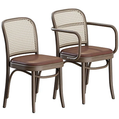 Classic Design Stools With Wicker Backrest Brown Leather Seat And Metal Frame 3d model