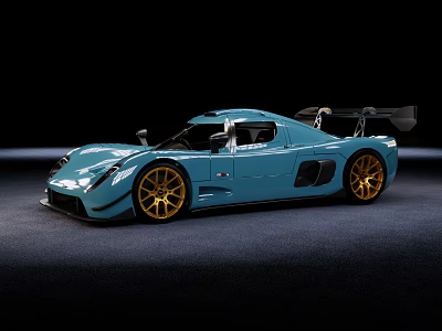 Blue Sports Car With Gold Wheels And Rear Wing On Black Background 3d model