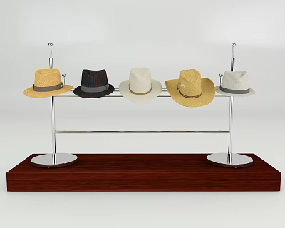 Hat Display Shelf With Metal Frame Wooden Base Displaying Various Style Hats 3d model