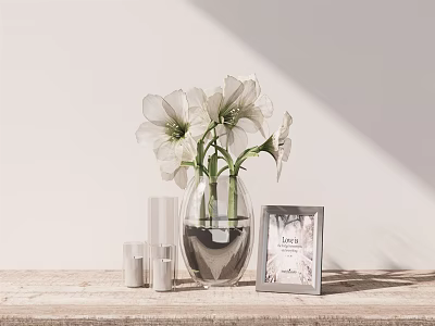 Transparent Glass Vase With White Flowers On Wooden Table With Photo Frame And Candles 3d model
