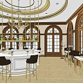 Luxurious Sales Office Interior With Round Bar Gold Chandelier Arched Windows And Chairs