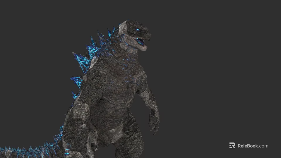 Giant Reptile With Blue Glowing Dorsal Spines And Rough Textured Skin Standing On Dark Background 3d model 