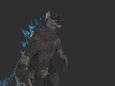Giant Reptile With Blue Glowing Dorsal Spines And Rough Textured Skin Standing On Dark Background 3d model
