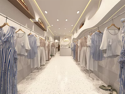 Stylish Modern Clothing Store Interior With Central Aisle Clothing Racks And Blue White Striped Garments 3d model