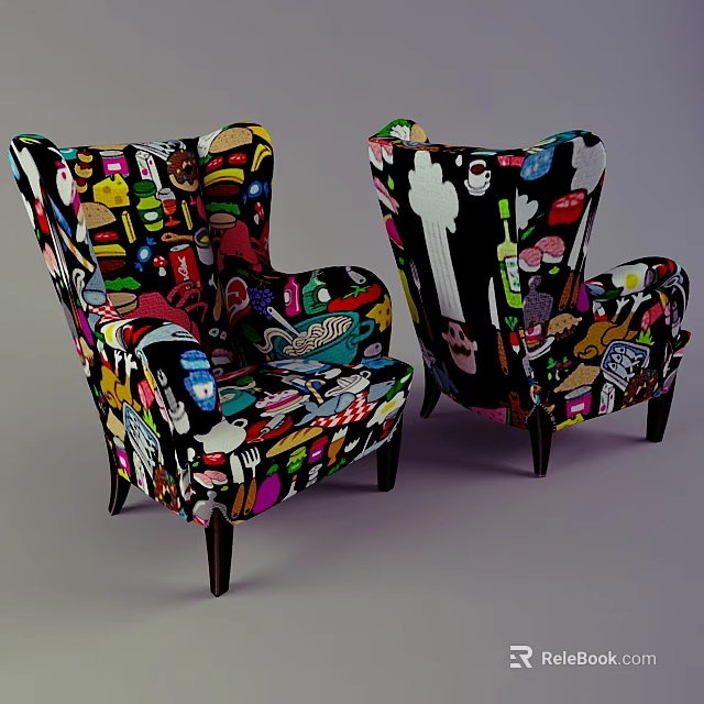 Single Sofa With Colorful Cartoon Icons Print And Unique Modern Accent Design 3d model 