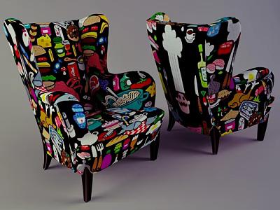 Single Sofa With Colorful Cartoon Icons Print And Unique Modern Accent Design 3d model