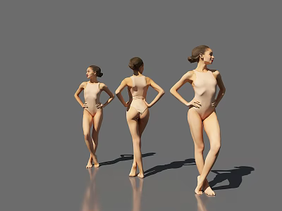 Three Women Wearing Leotard In Elegant Poses From Different Angles Against Grey Background With Reflections 3d model