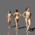 Three Women Wearing Leotard In Elegant Poses From Different Angles Against Grey Background With Reflections