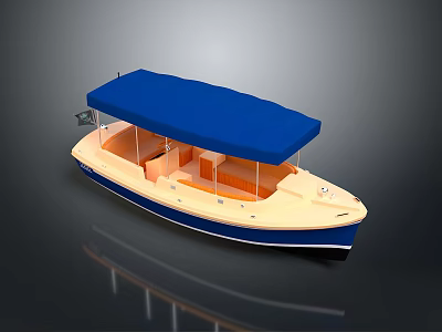 Leisure Open Boat With Blue Canopy Cream Hull And Comfortable Seats 3d model