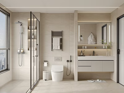 Modern Bathroom Interior With Glass Shower Enclosure Vanity Mirror And Cabinet 3d model
