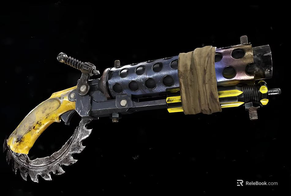 Serrated Front Mechanical Weapon With Black And Yellow Design And Cloth Wrap 3d model 