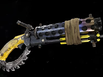 Serrated Front Mechanical Weapon With Black And Yellow Design And Cloth Wrap 3d model