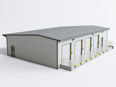 Industrial Warehouse Featuring Gray Roof Corrugated Metal Walls Multiple Roll-Up Doors And Yellow Safety Railings 3d model
