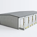 Industrial Warehouse Featuring Gray Roof Corrugated Metal Walls Multiple Roll-Up Doors And Yellow Safety Railings