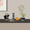 Decorative Ornament Set With Golden Lucky Cat Grey Stack Ornament Yellow Clock Open Book And Green Fern