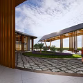 Modern Building In Golden Wheat Field With Sloped Roof And Glass Windows Under Sunset Sky