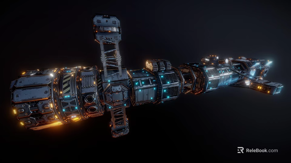 Futuristic Sci Fi Mechanical Structure With Glowing Blue Orange Lights And Connected Modules 3d model 