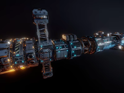 Futuristic Sci Fi Mechanical Structure With Glowing Blue Orange Lights And Connected Modules 3d model
