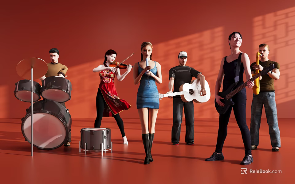 Group of Musicians Performing with Drums Violin Guitar and Microphone on Red Stage 3d model 