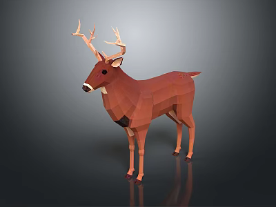 Low Poly Brown Deer Sculpture With Antlers Standing On Gray Background 3d model