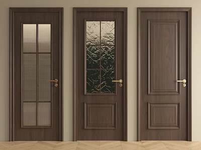 Modern Wooden Hinged Doors with Glass Panels Solid Wood Design and Golden Handles 3d model