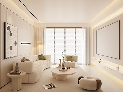 Modern Living Room With White Sofa Coffee Table TV And Floor To Ceiling Window 3d model