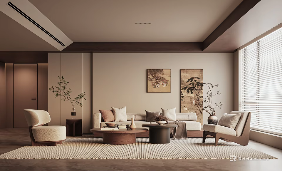 Modern Living Room Interior With Beige Sofa Armchairs Coffee Tables Wall Artwork Plants And Cozy Rug 3d model 