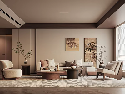 Modern Living Room Interior With Beige Sofa Armchairs Coffee Tables Wall Artwork Plants And Cozy Rug 3d model