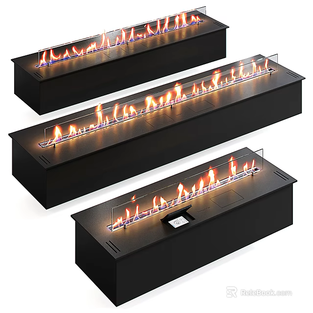 Modern Black Long Fireplace Design With Realistic Flames And Glass Panel For Home Interior 3d model 