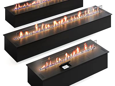 Modern Black Long Fireplace Design With Realistic Flames And Glass Panel For Home Interior 3d model