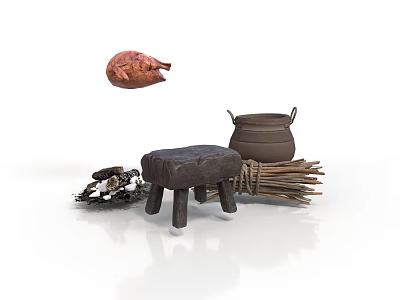 Rustic Cooking Scene With Roasted Chicken Clay Pot Wooden Stool Firewood And Charcoal 3d model