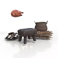 Rustic Cooking Scene With Roasted Chicken Clay Pot Wooden Stool Firewood And Charcoal