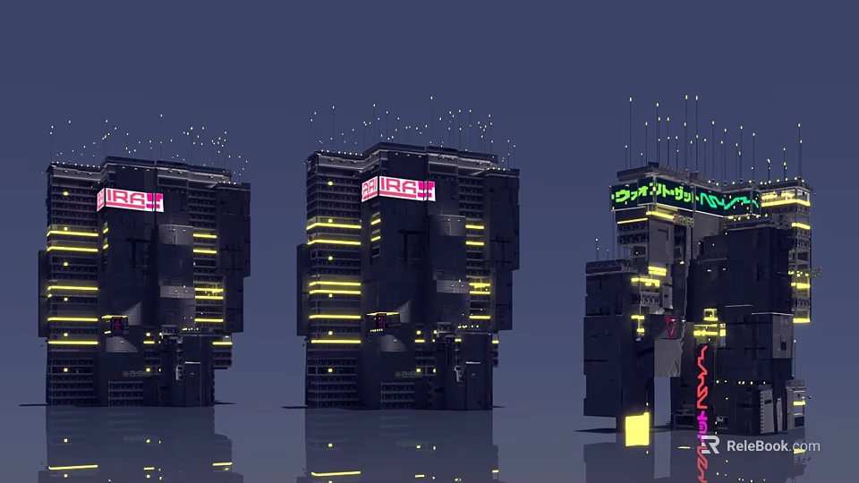 Futuristic Architecture Design With Neon Lights And Digital Screens On Tall Buildings 3d model 
