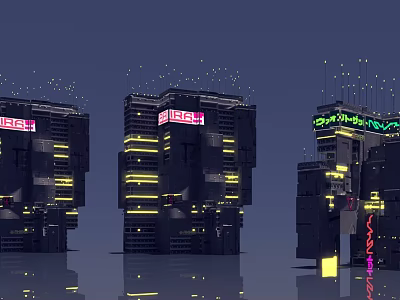 Futuristic Architecture Design With Neon Lights And Digital Screens On Tall Buildings 3d model