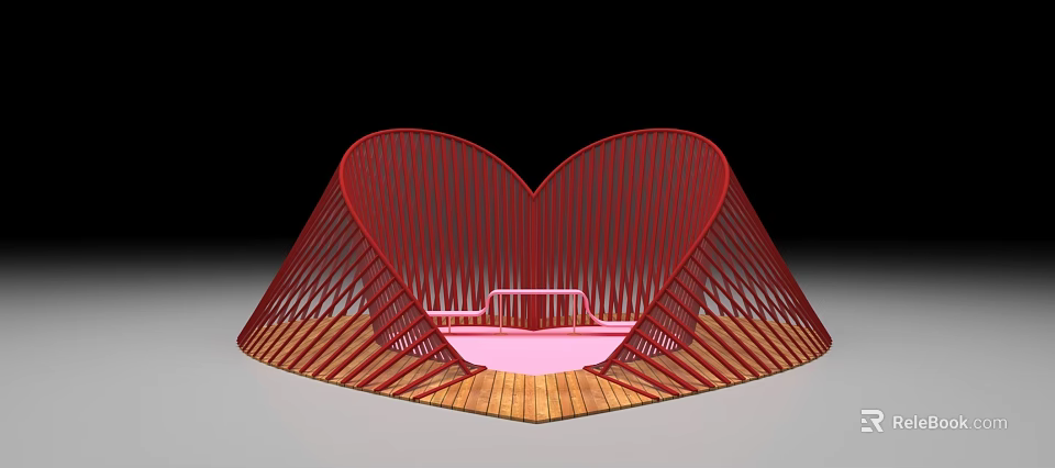 Heart Shaped Red Art Installation With Linear Structure Pink Interior And Wooden Platform 3d model