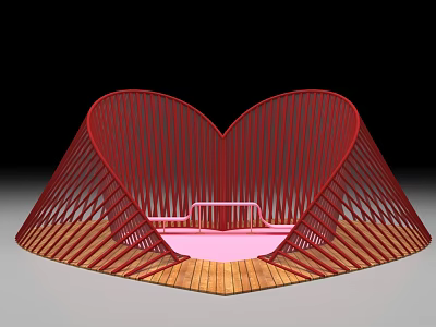 Heart Shaped Red Art Installation With Linear Structure Pink Interior And Wooden Platform 3d model