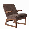 Modern Leisure Chair With Brown Fabric Upholstery And Curved Wooden Arms