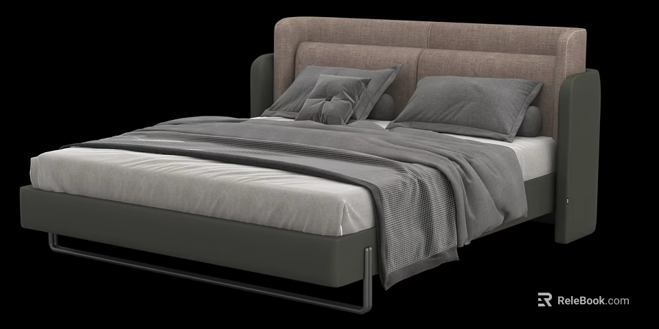 Modern Double Bed With Light Brown Headboard And Gray Bedding Pillows 3d model