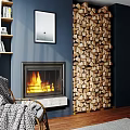 Modern Fireplace Interior With Burning Flames Marble Base And Wood Stack On Dark Wall 3d model