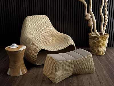 Rattan Single Sofa with Matching Ottoman and Wooden Side Table on Dark Wall Wooden Floor 3d model