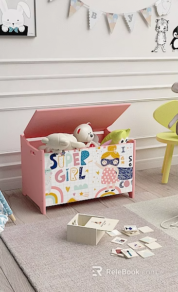 Pink Toy Storage Box With Open Lid Stuffed Toys And Super Girl Cartoon Patterns 3d model 