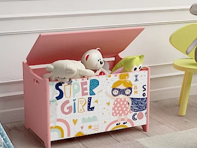 Pink Toy Storage Box With Open Lid Stuffed Toys And Super Girl Cartoon Patterns 3d model