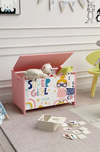 Pink Toy Storage Box With Open Lid Stuffed Toys And Super Girl Cartoon Patterns 3d model