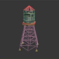 Water Tower Model With Metal Frame Structure And Colorful Roof Design