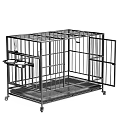Black Metal Dog Cage With Openable Top Door And Rolling Wheels Design
