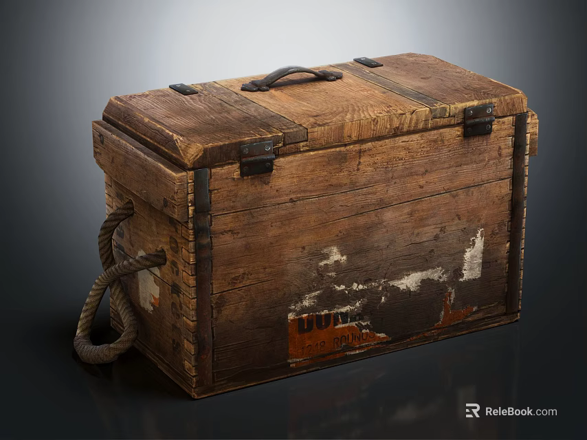 Vintage Wooden Trunk With Worn Surface Metal Hardware And Rope Handle 3d model 
