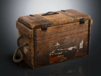 Vintage Wooden Trunk With Worn Surface Metal Hardware And Rope Handle 3d model